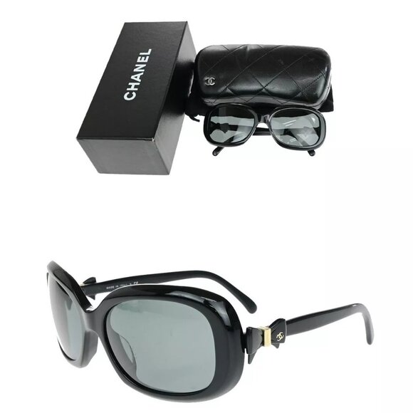 CHANEL CC Logos Ribbon Sunglasses Eye Plastic Black GHW Italy 05RJ990 - Picture 1 of 16